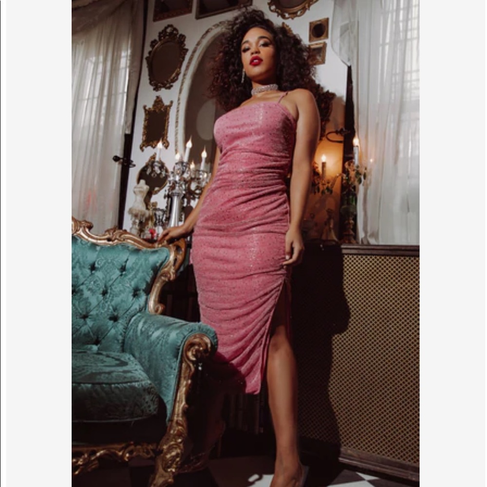 Rebdolls Pink Sparkly Ruched Midi Dress NWT